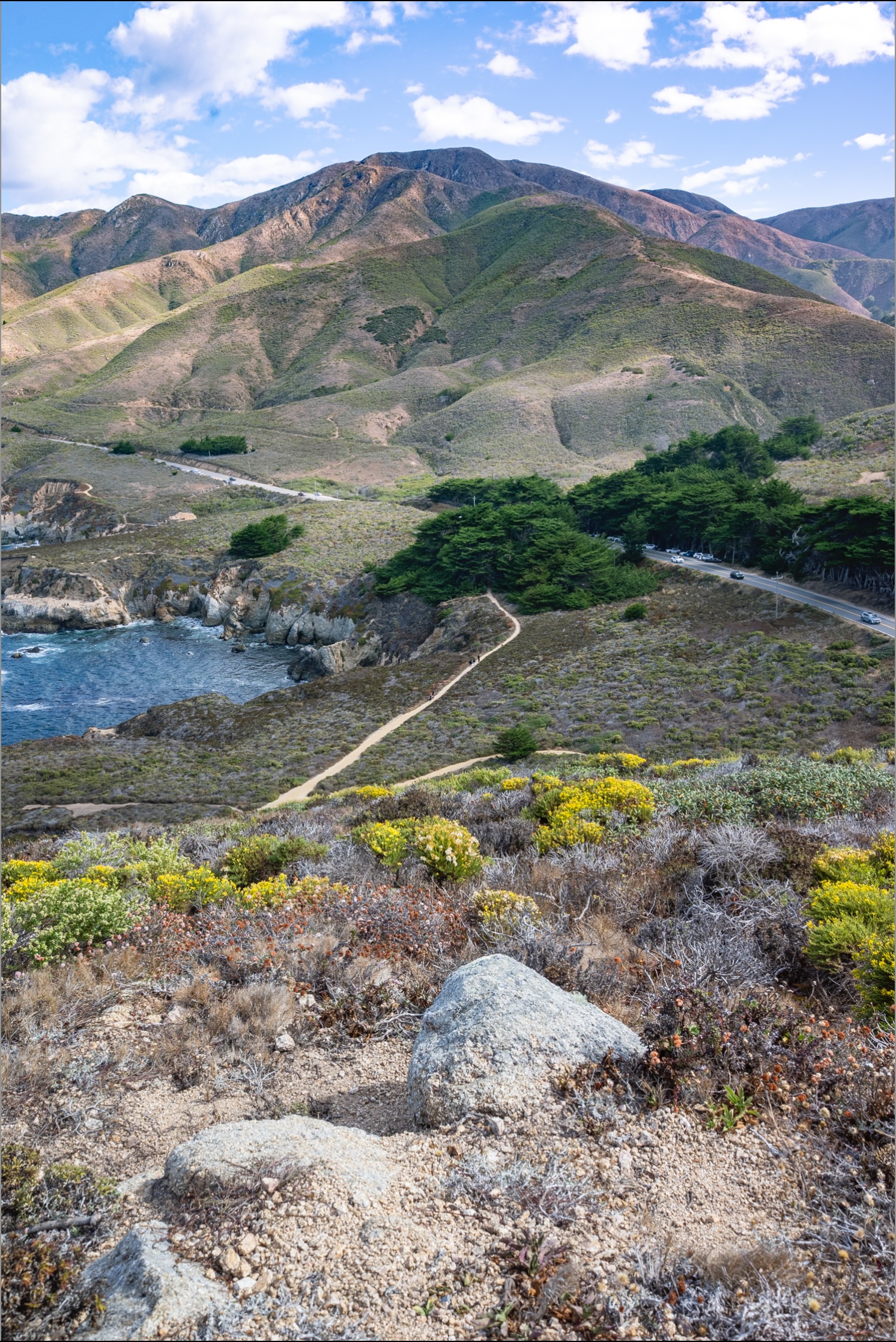 A dirt trail winding through coastal scrub toward rocky cliffs and ocean, with green hills and mountains under a partly cloudy sky